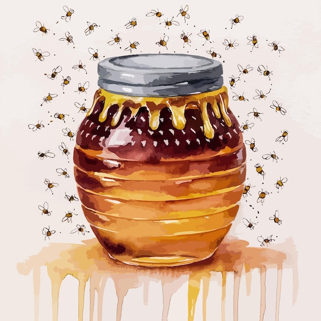 Honey jar watercolor painting clipart a drawing of a jar of honey with bees on it