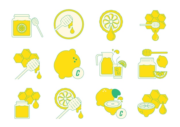 Honey lemon flavor icons set with lemon fruits,syrup,ice lemon juice.