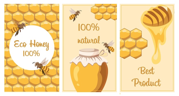 Honey poster set. Posters with bees, honeycombs, jar of honey, spoon, barrel and daisies.