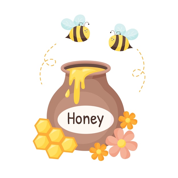 Honey pot with bees flowers and honeycomb Isolated illustration for honey products design