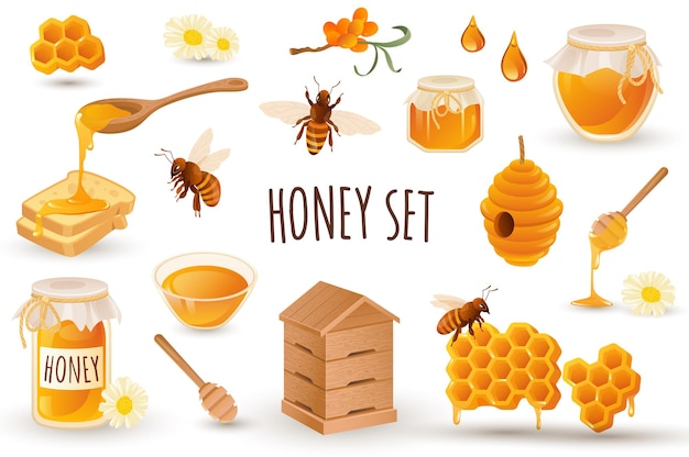 Honey production icon set in realistic 3d design Bundle of bees honeycomb apiary toast