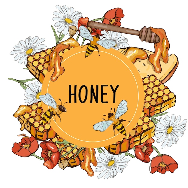 Honey products banner or label badge design with flowers and bees