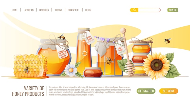 Vector honey products honeycombs jar of honey bees honey shop webpage design template vector illustration