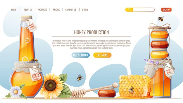 Vector honey products honeycombs jar of honey bees honey shop webpage design template vector illustration