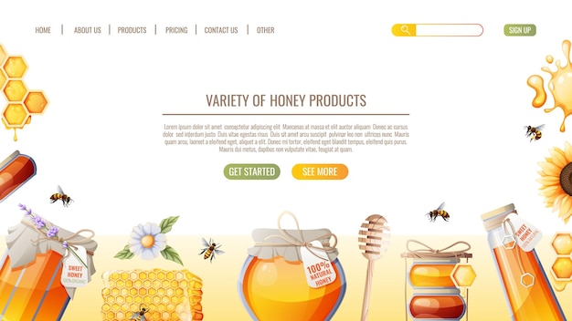 Honey products Honeycombs jar of honey bees Honey shop webpage design template