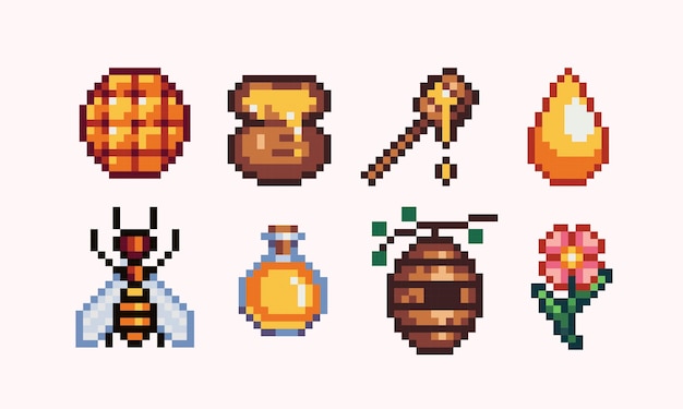 Honey products pixel art set Honeycomb bee jars hive collection 8 bit sprite