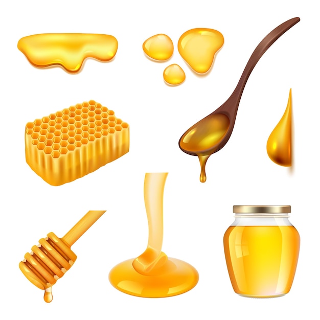 Honey realistic Yellow beeswax insects healthy liquid products organic food jars beekiping equipment decent vector illustrations