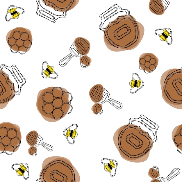 Honey seamless pattern Beekeeping product Included bee honey dipper honeycomb