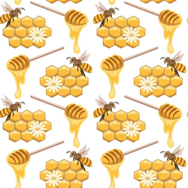 Honey seamless pattern honeycombs bees and honey yellowbrown colors on a white background