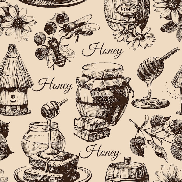 Honey seamless pattern with hand drawn sketch illustration