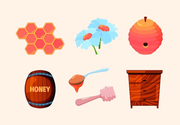 Honey set Bee honeycomb beeswax healthy tasty natural food nectar from insects liquid beauty transparent honey garish vector colored pictures