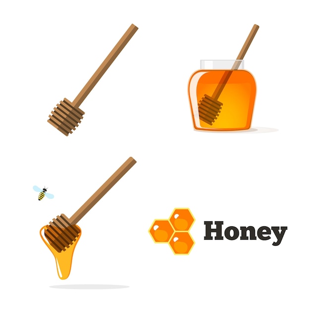 Honey set with honeycomb isolated icon dipper wood spoon cartoon jar and pot container flat