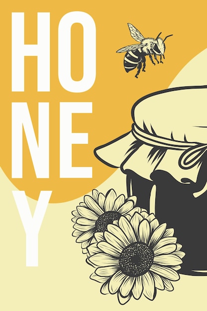 Vector honey sketch advertisement poster for honey production jar with honey bee organic food