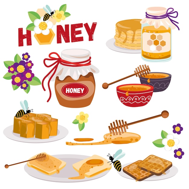 Vector honey sticker pack bee and flowers vector elements for design