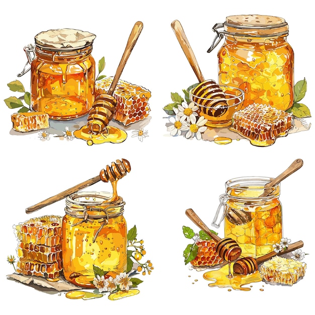 Honey still life Color engraving raster illustration isolated on white background