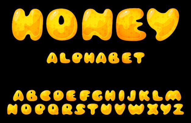 Honey sweet font Liquid honey cartoon alphabet Yellow honeycomb vector font