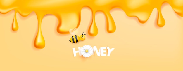 Honey syrup flowing from the top of the screen bee illustration icon and honey text made of sticky