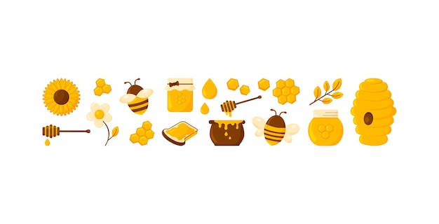 Honey vector set bee and jar flowers honeycomb and pot icons Cartoon gold illustration