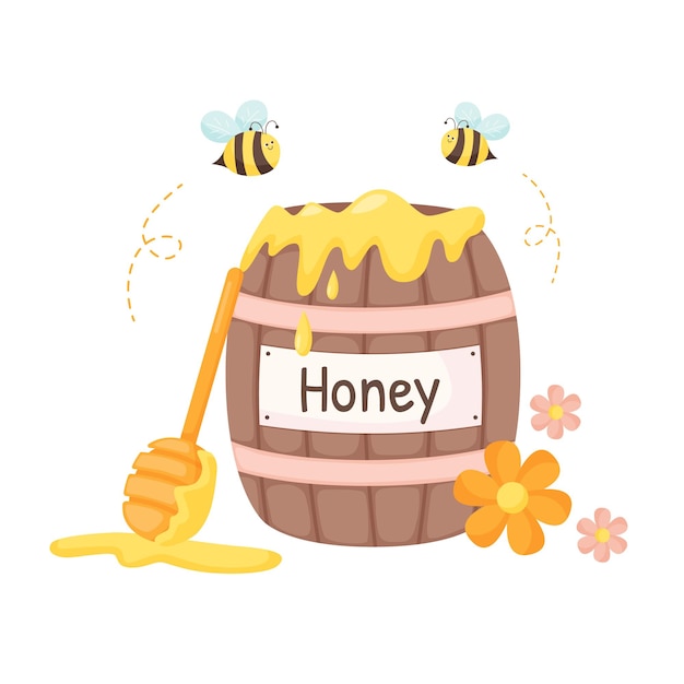 Honey wooden barrel with bees flowers and dipper Isolated illustration for honey products design