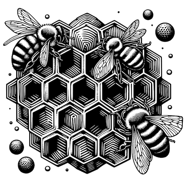 Vector honeycomb with bees illustration in black and white style vector generative ai