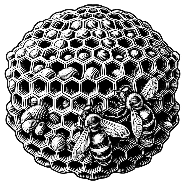 Vector honeycomb with bees illustration in black and white style vector generative ai