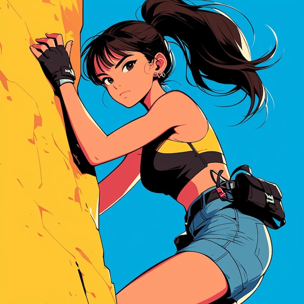 A Hong Kong girl climbs a cliff in cartoon style