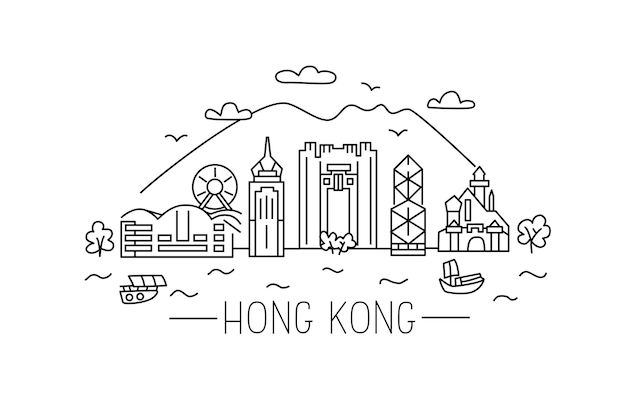 Hong Kong lineart illustration Hong Kong line drawing Modern style Hong Kong city illustration Hand