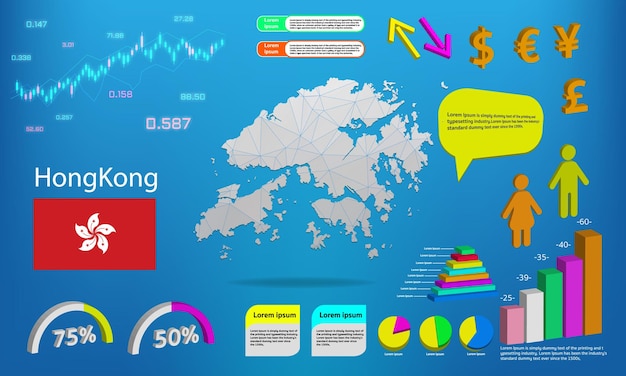 Hong Kong map info graphics charts symbols elements and icons collection Detailed hong Kon map with High quality business infographic elements