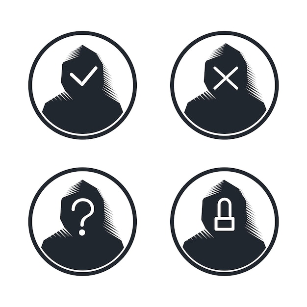 Hooded avatars protected and hacked with a tick and a cross Hacked unknown blocked Isolated vector