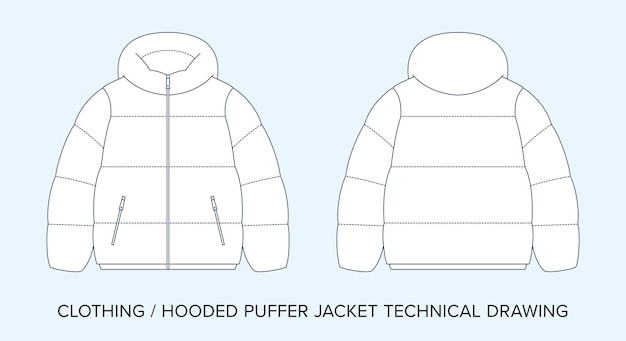 Vector hooded puffer jacket technical drawing apparel blueprint for fashion designers