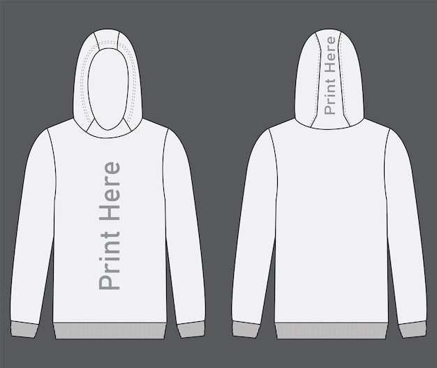 Vector hooded sweatshirt flat technical sketch vector drawing. body and hoodie show on print area.