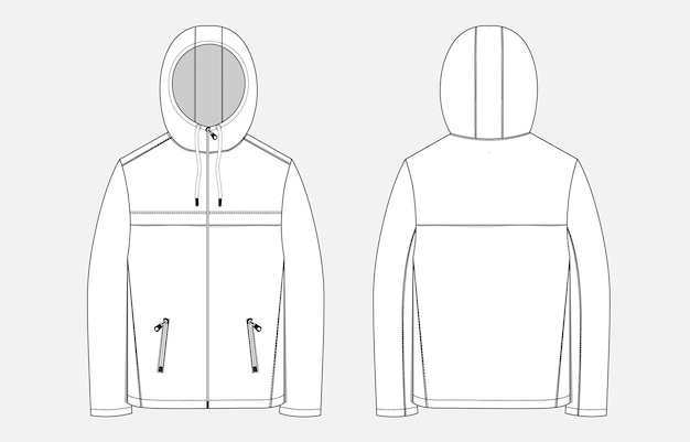 Hoodie jacket technical drawing fashion flat sketch vector illustration template for mens