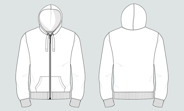 Hoodie technical fashion flat sketch vector illustration template front and back views