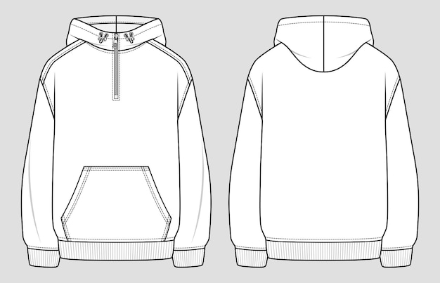 Hoodie with front zipper at the top Oversized sweatshirt Vector technical sketch Mockup template