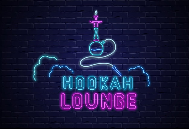 Hookah lounge Textured background with colorful neon decoration on black realistic bricklaying wall