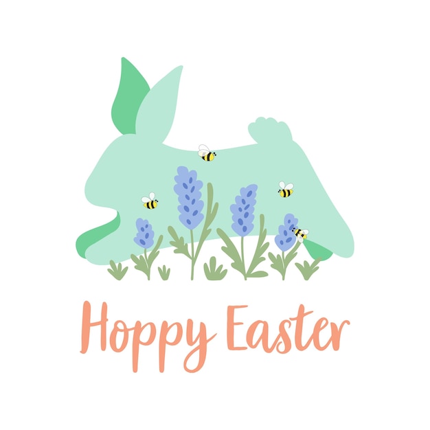 Hoppy Easter floral Bunny card Cute floral rabbit Spring rabbit Happy Easter rabbit vector illustration isolated graphic elements Hand drawn flowers