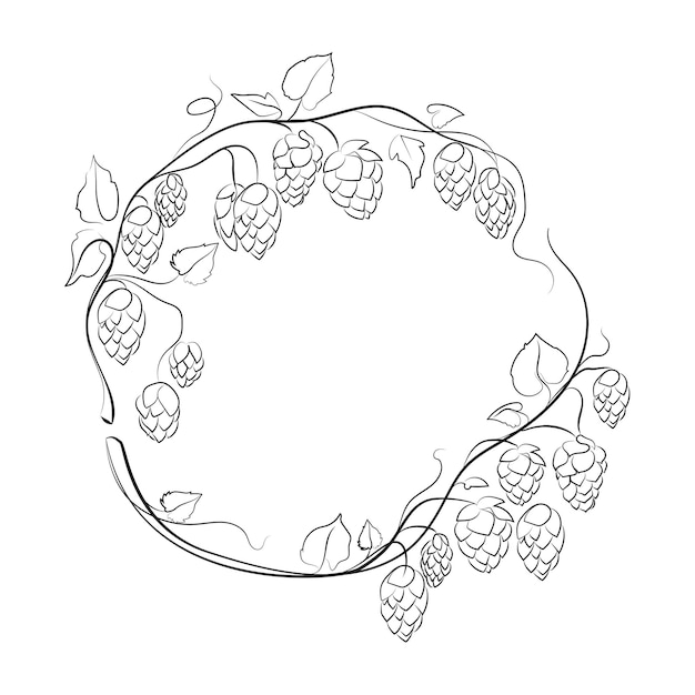 Hops round frame wreath with leaves, cones black and white Line drawing vector.hop ordinary branch