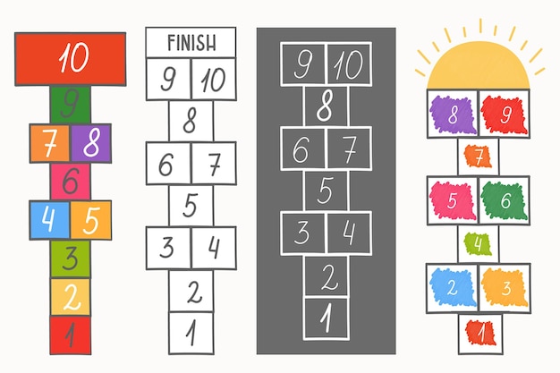 Hopscotch kid activity game. 4 types of games. Drawn on chalk asphalt, floor on paper or plastic. Jumping on cells. Hand drawn vector illustration