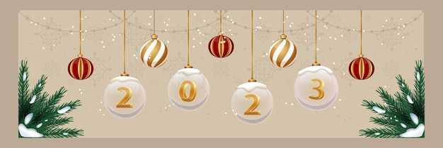 Horizontal 2023 christmas banner with fir branches and christmas tree balls New year sale flyer layout