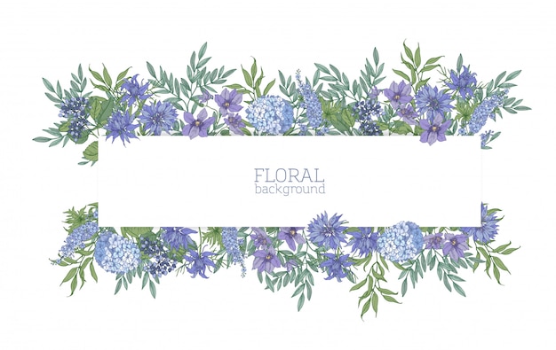 Horizontal background or banner surrounded by gorgeous blue wild blooming flowers and summer meadow flowering plants. Elegant floral backdrop. Colorful realistic natural illustration.