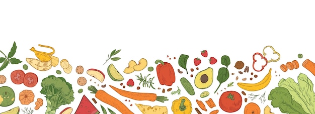 Horizontal background with border consisted of fresh organic food