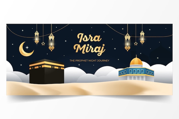 Horizontal banner of Isra Mikraj the night journey of Prophet Muhammad illustration