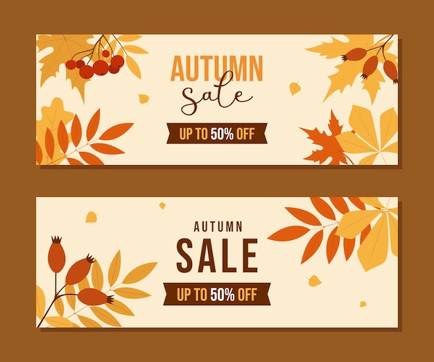 Vector horizontal banner set for autumn sale with fall leaves vector illustration templates