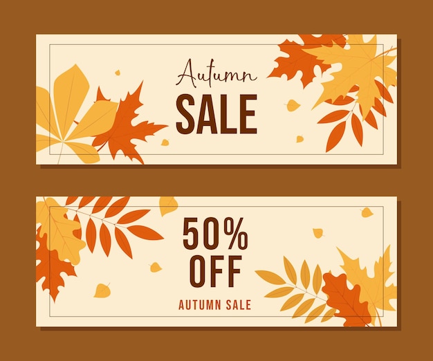 Vector horizontal banner set for autumn sale with fall leaves vector illustration templates