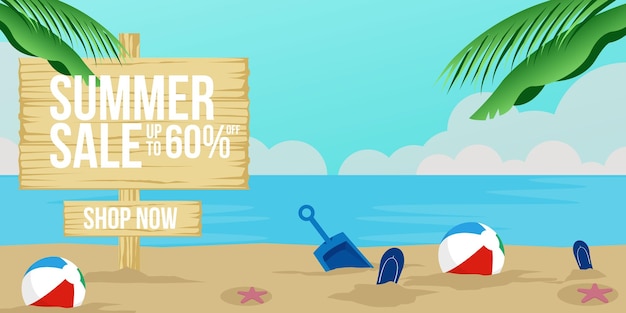 Horizontal banner summer sale illustration beach background with slippers starfish and ball