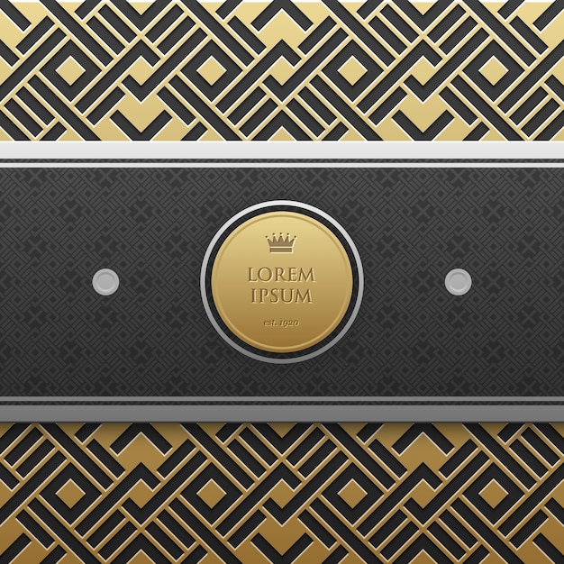 Horizontal banner template on golden metallic background with seamless geometric pattern. Elegant luxury style.