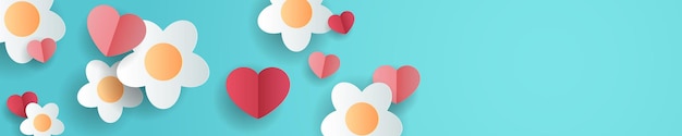 Horizontal banner with blue sky and paper cut flower. Place for text. Happy Valentine's day sale header or voucher template with hearts.