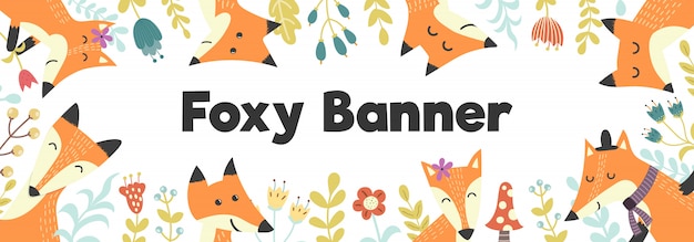 Horizontal banner with cute foxes and plants banner background