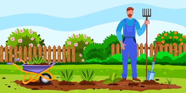 Horizontal banner with spring backyard, garden bed, flowers, seedlings, wheelbarrow and farmer.