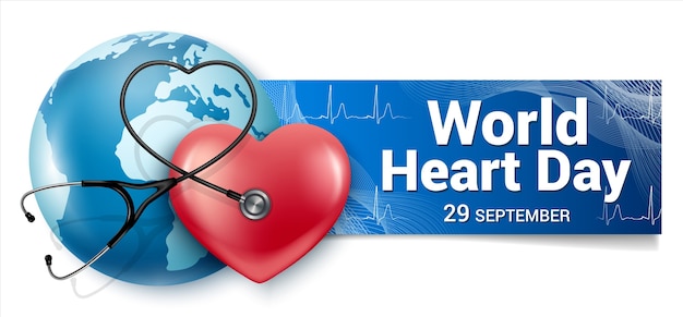 Horizontal Banner World Heart Day September. Red heart, globe, stethoscope